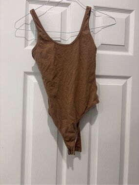 Brown Scoop Neck Ribbed Bodysuit - Women